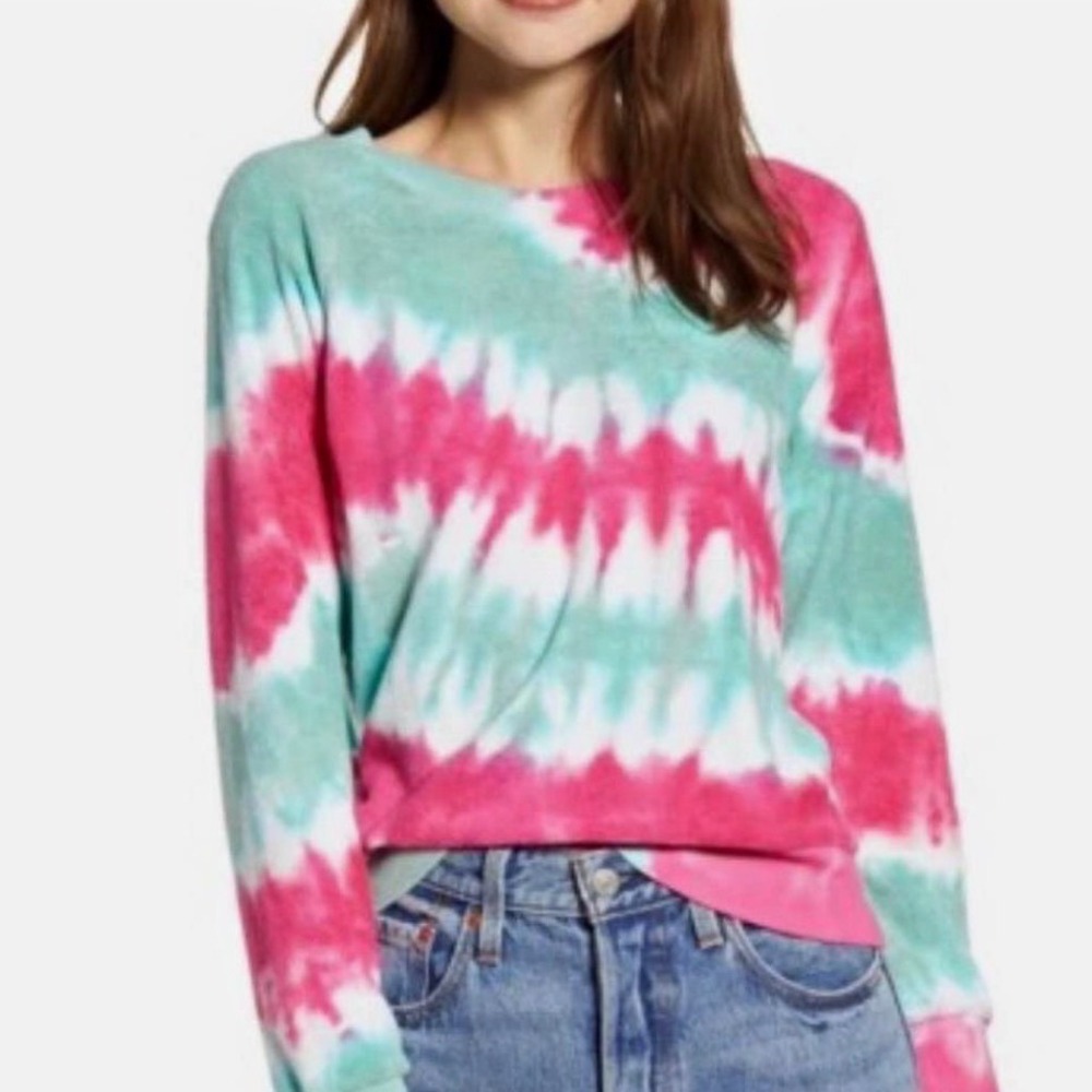 Wildfox Fiona Tie Dye Sweatshirt Womens S Pink Mint Green Terry Cloth Pullover